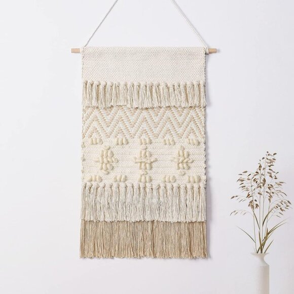 Macrame Woven Wall Hanging Home Decor Bohemian Beige Geometric Wave Art Decor wi